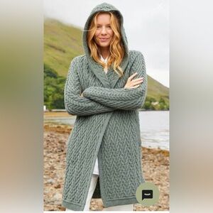 The Irish Store Hooded Aran Waterfall cardigan Sweater 100% merino wool